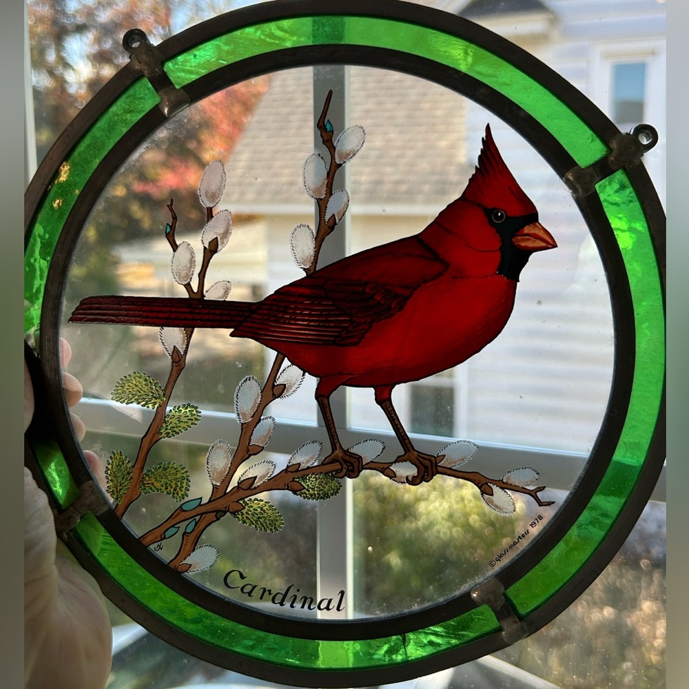Vintage Stained Glass Suncatcher Cardinal Glassmasters 1978 Red Green Hanging 9”